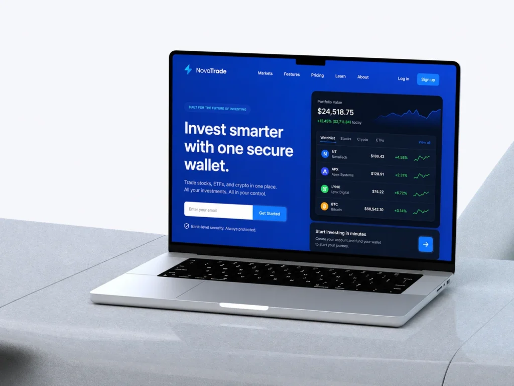 Novatrade investment dashboard website displayed on a laptop