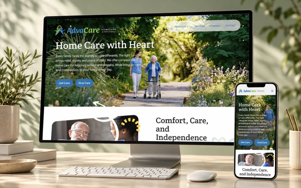 AdvaCare Homecare website shown in a studio mockup with desktop and mobile devices