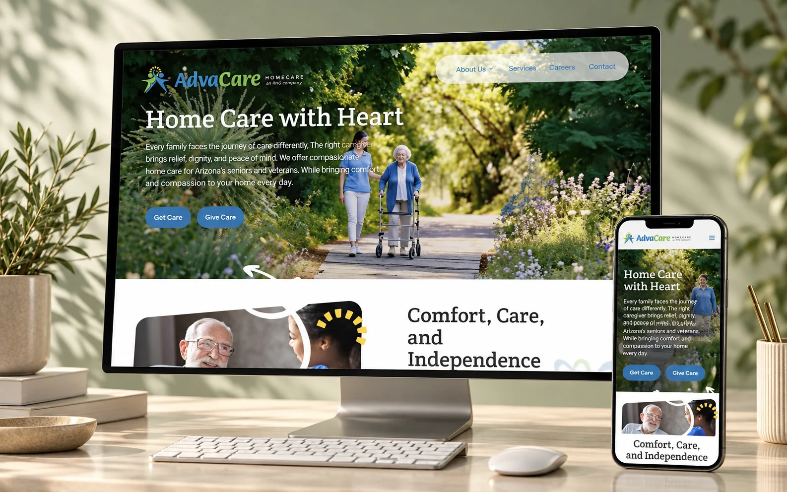 AdvaCare Homecare website shown in a studio mockup with desktop and mobile devices