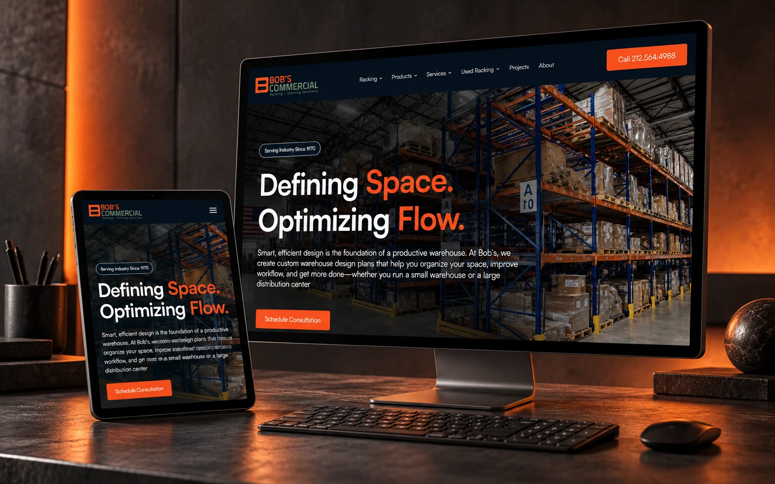 Third-party website reference: Bob’s Commercial website shown in a studio mockup with desktop and mobile devices