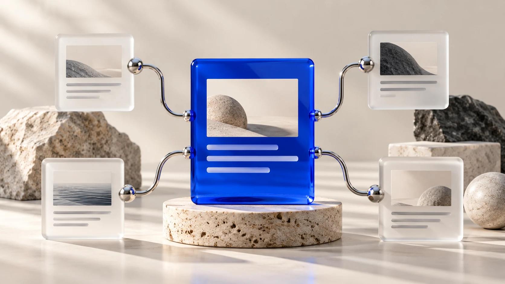 A cobalt content panel connects to four frosted panels through chrome pathways, illustrating content distribution.