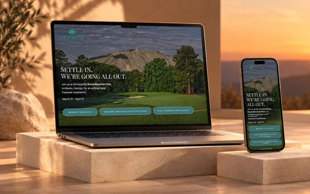 Horizon Getaway website shown in a studio mockup with desktop and mobile devices