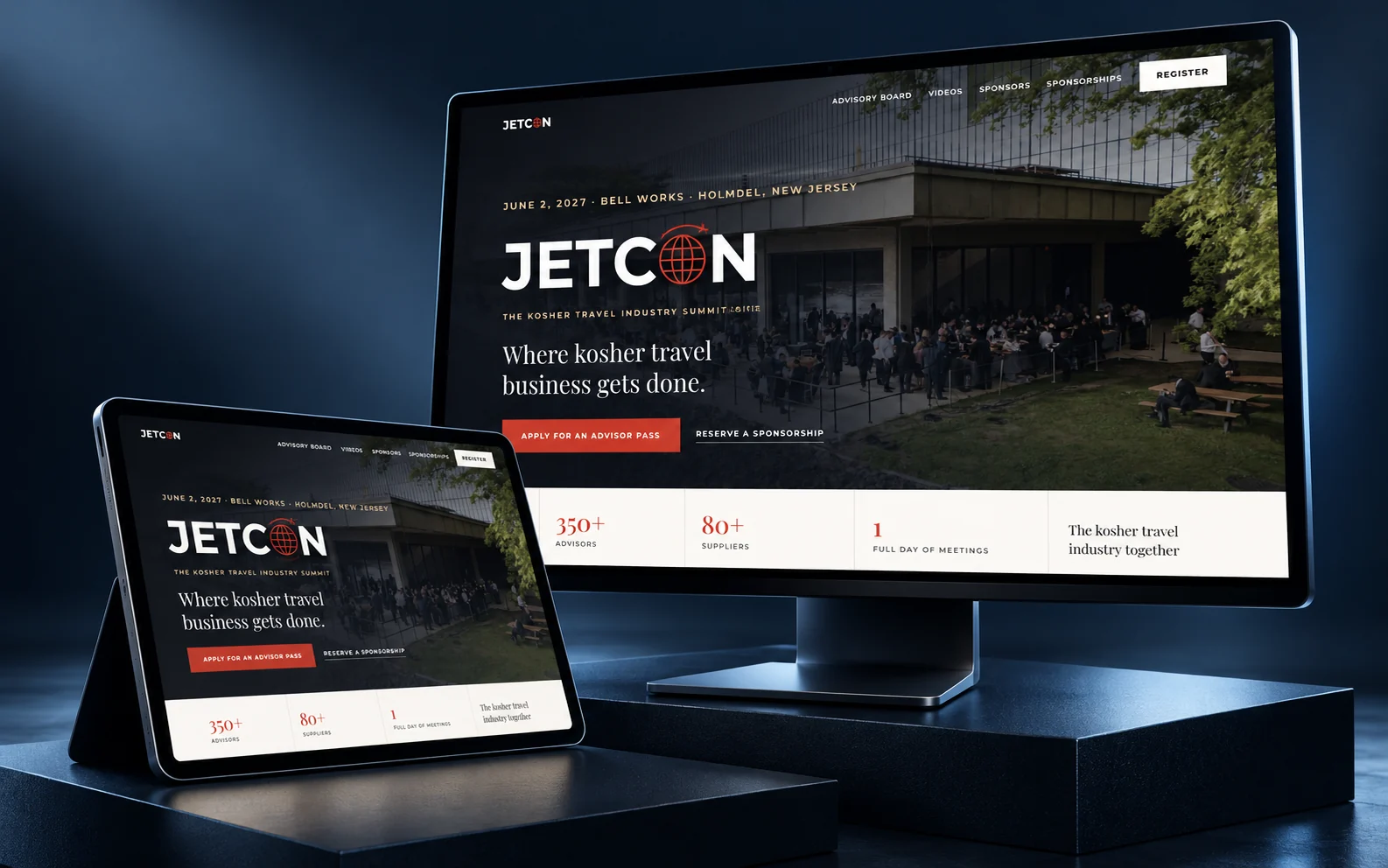 JetCon website shown in a studio mockup with desktop and mobile devices