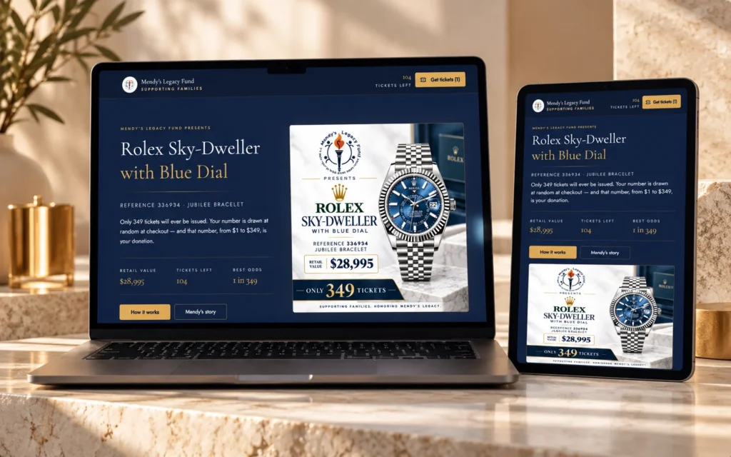 Mendy’s Legacy Fund website shown in a studio mockup with desktop and mobile devices