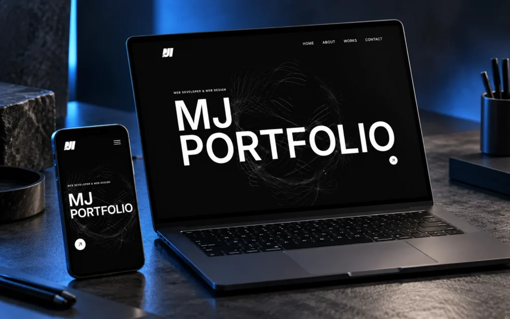 MJ Developer website shown in a studio mockup with desktop and mobile devices