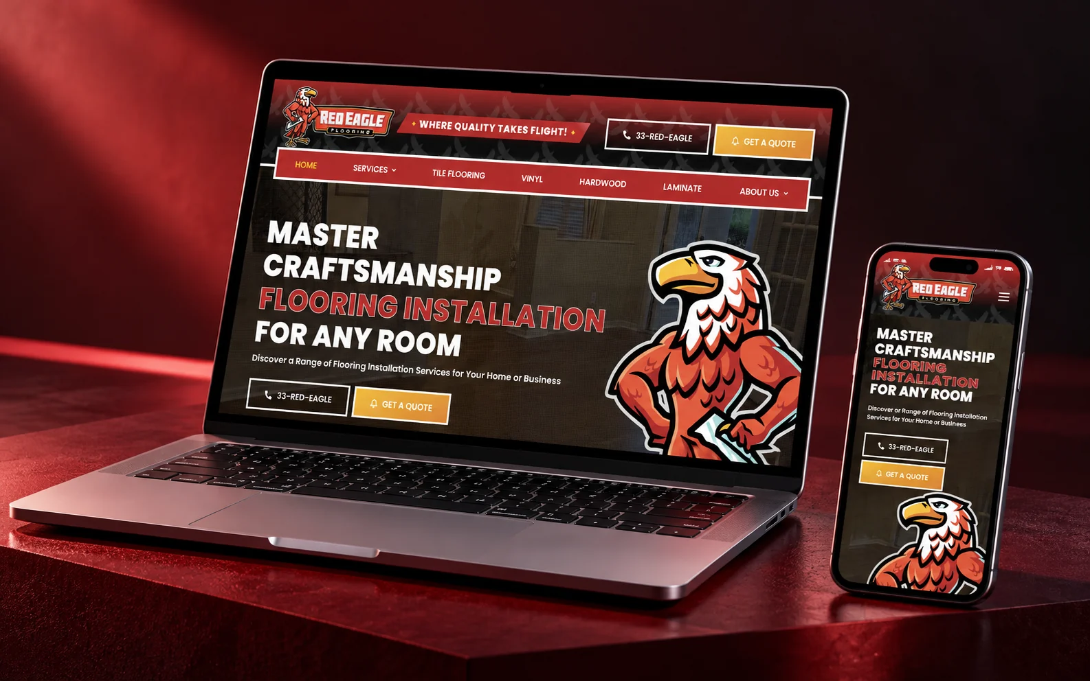Third-party website reference: Red Eagle Flooring website shown in a studio mockup with desktop and mobile devices