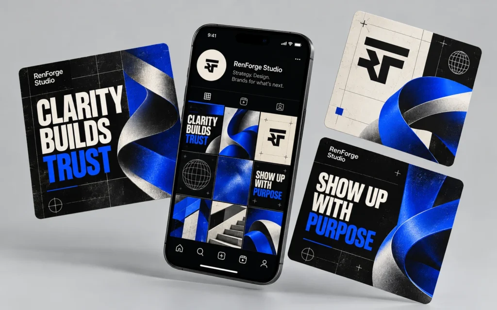 Original RenForge Studio social campaign concept with a smartphone and coordinated cobalt-and-black post designs