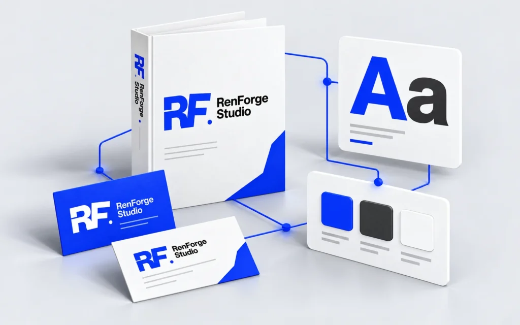 Brand identity concept with a brand guide, typography, cobalt color palette, and coordinated stationery
