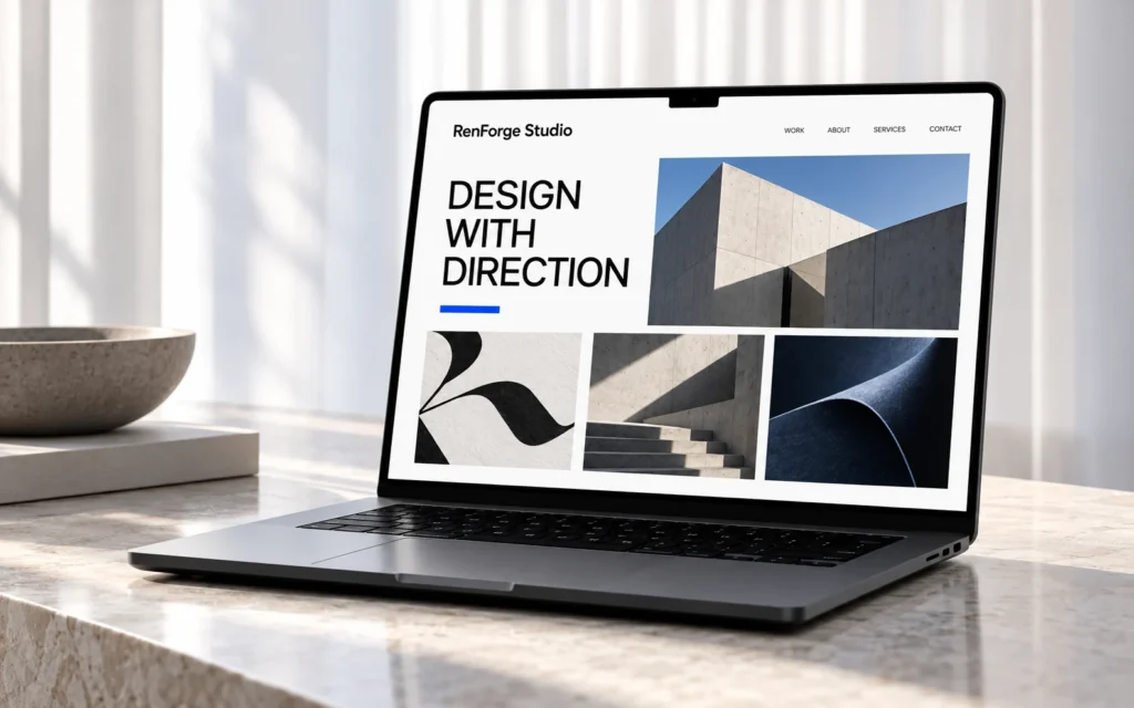 Original RenForge Studio editorial portfolio website concept on a laptop beside soft white curtains