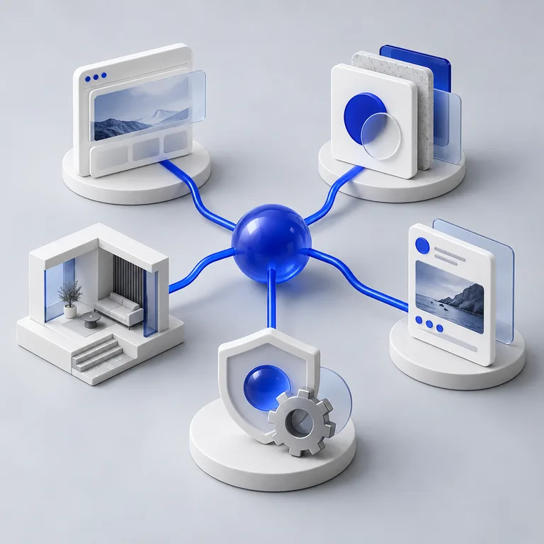 Abstract network connecting website, branding, content, maintenance, and interior-design modules