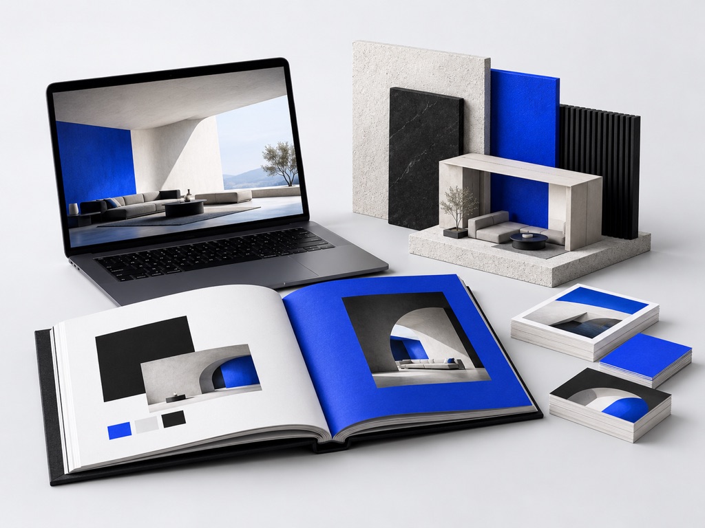 Website, branding, content and interior design materials arranged together.