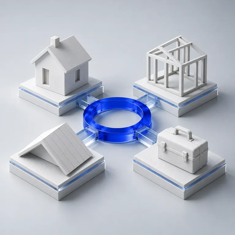 Abstract house, construction frame, roof, and service case connected by a blue ring