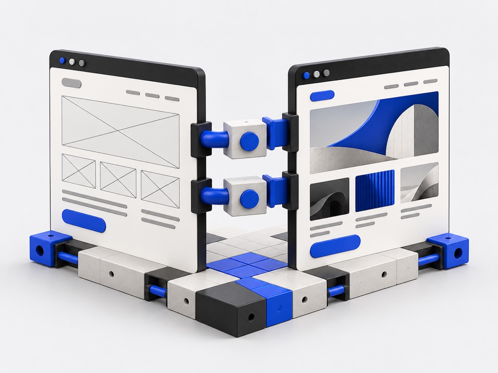 Connected website panels and modular components representing development and integrations.