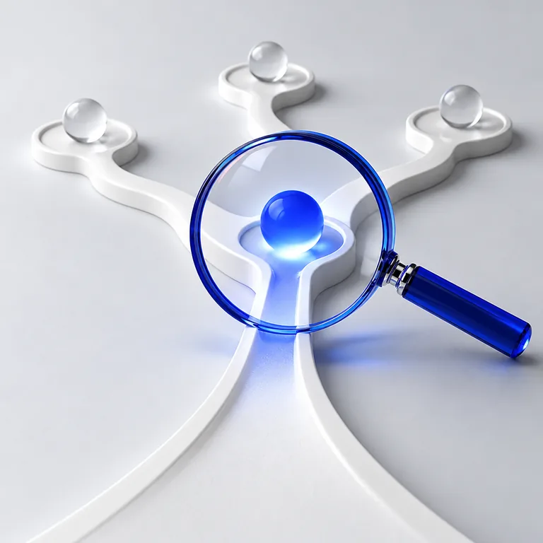 Blue magnifying glass highlighting a junction in branching white paths