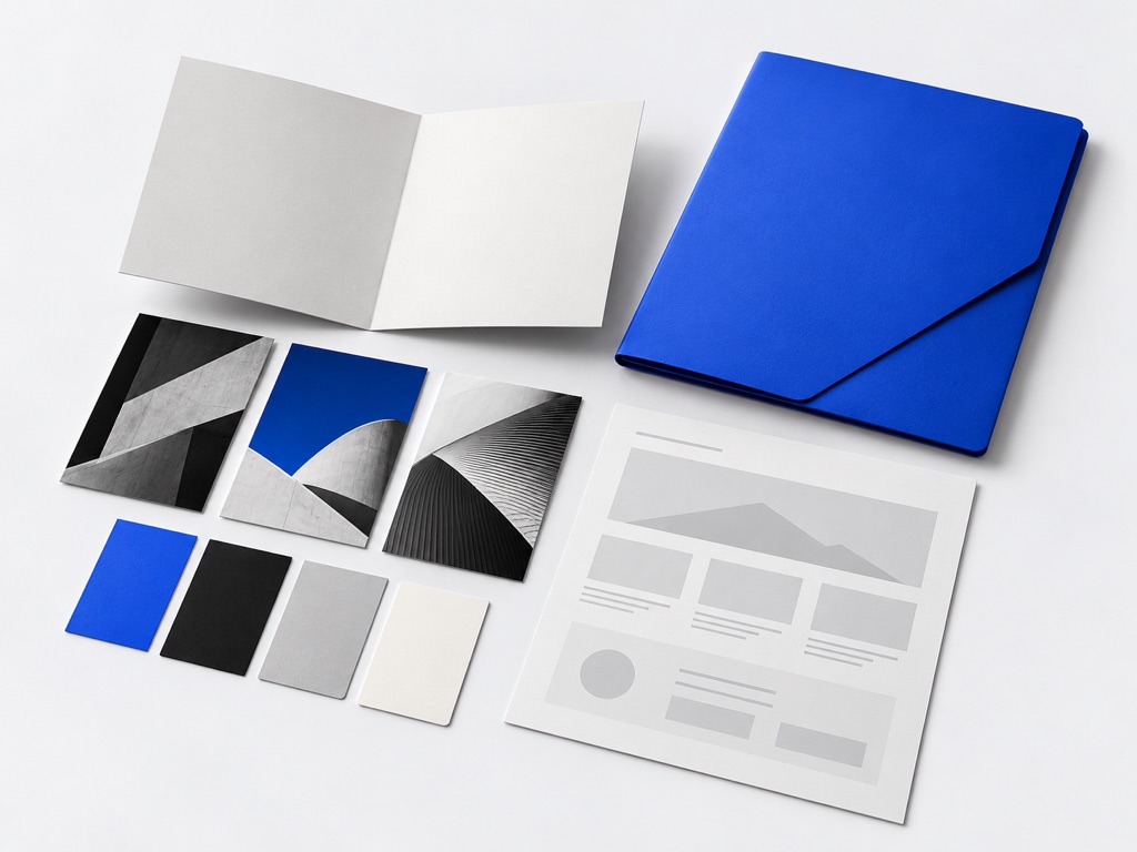 Organized project briefing kit with documents, image cards and brand swatches.