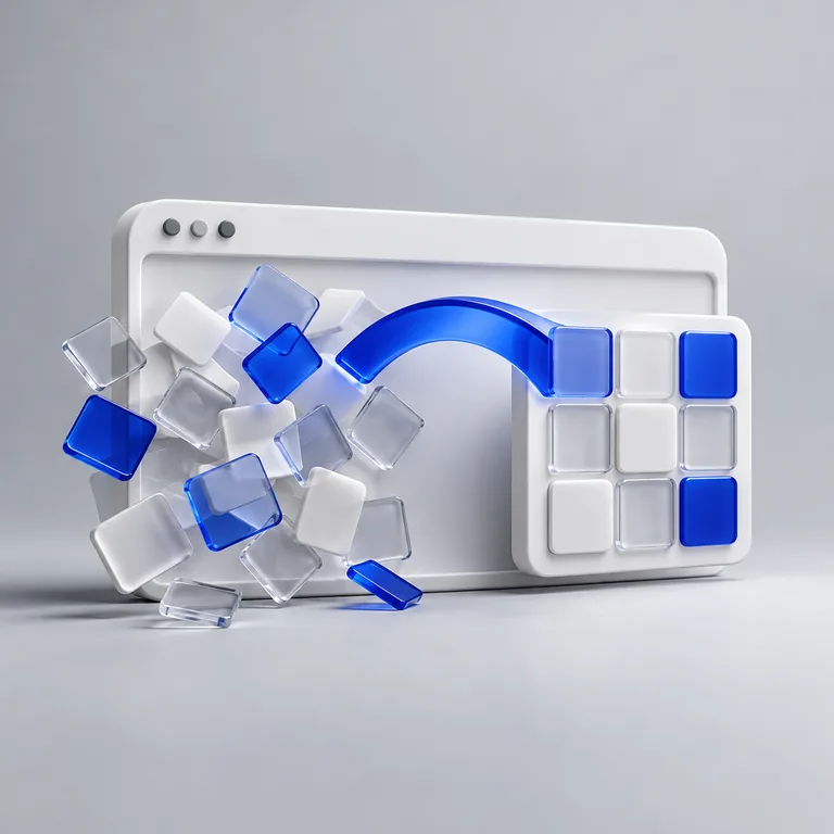 Abstract website tiles connected from a scattered layout to an organized grid by a blue bridge