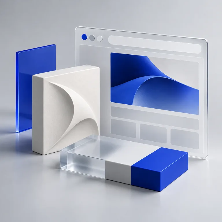 White brand-identity shapes and a blue color tile beside an abstract browser