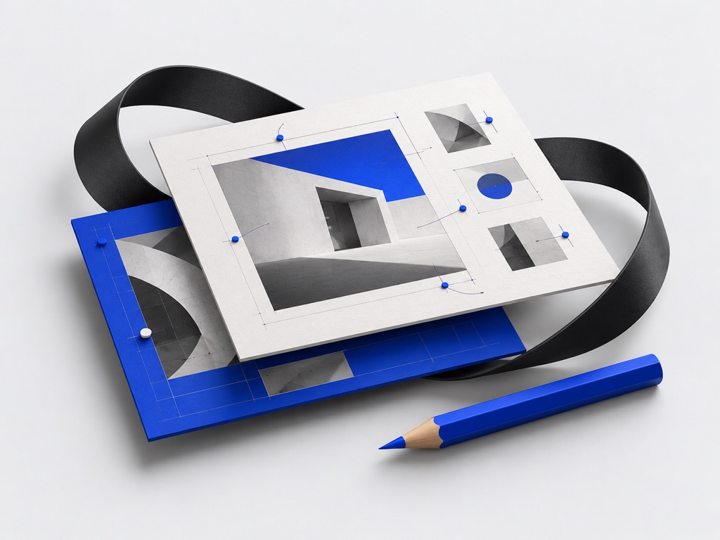 Layered design boards and a pencil representing feedback and revisions.