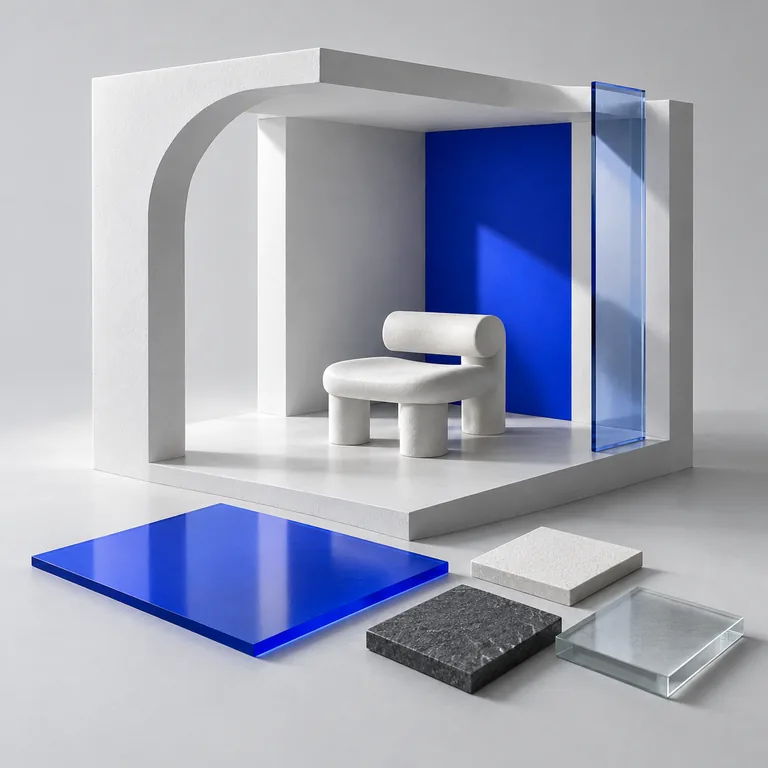 White architectural room model, custom chair, and material swatches with blue accents