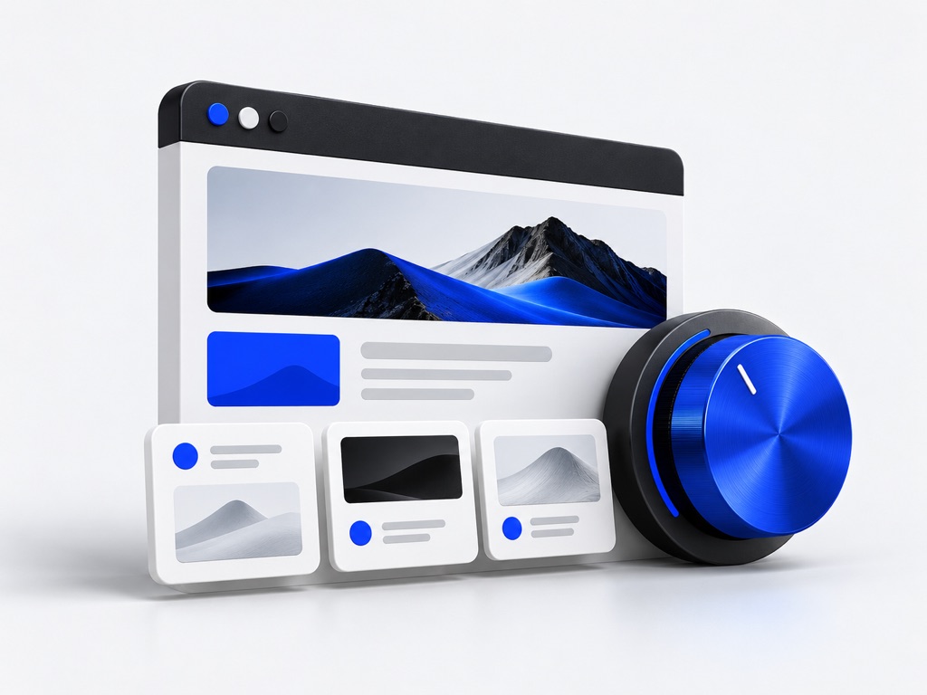 Website panel with a tuning dial and organized content cards.