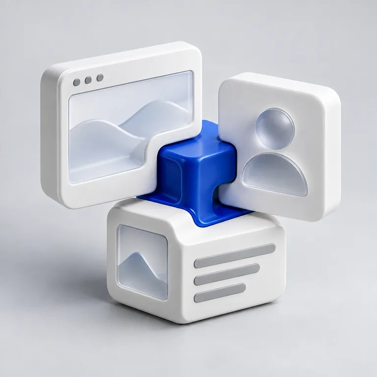 Interlocking white website, identity, and content modules joined by a blue connector