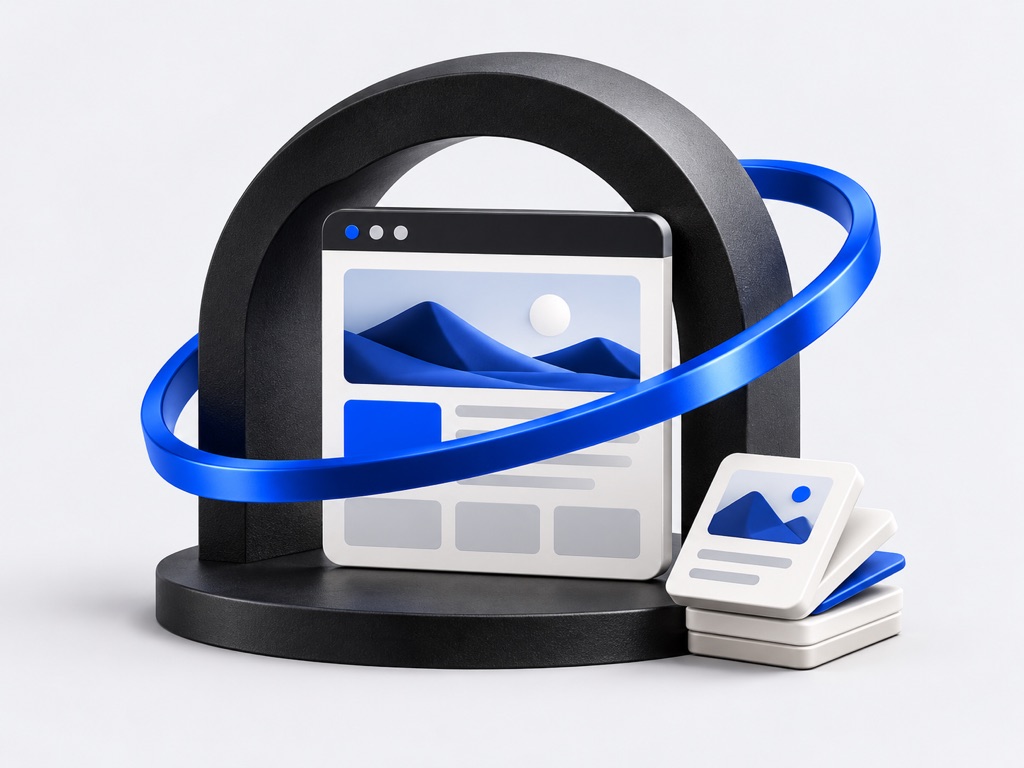 Website display within a protective arch with recurring content cards.