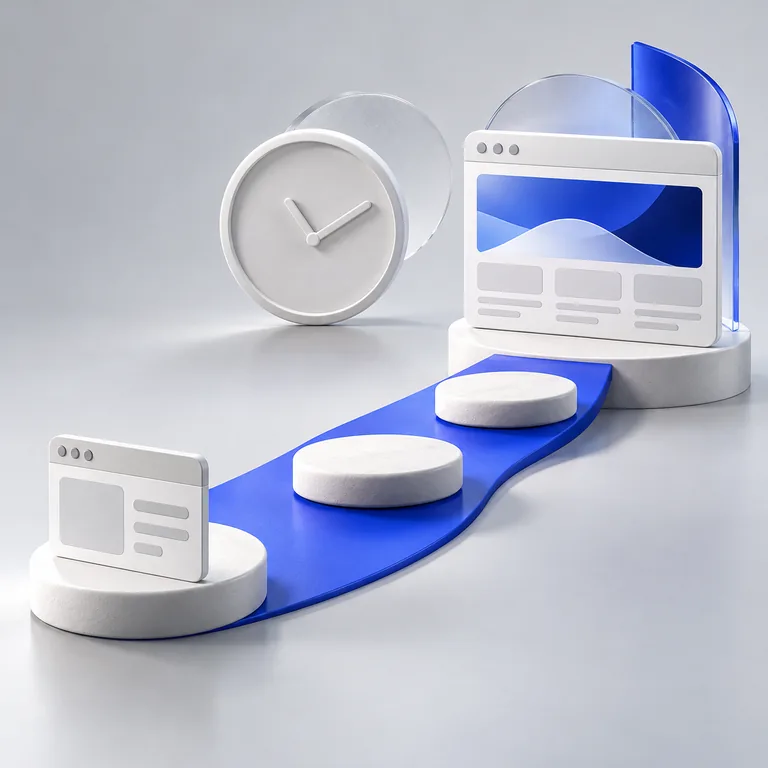 Blue path and white stepping stones connecting website stages beside a blank clock