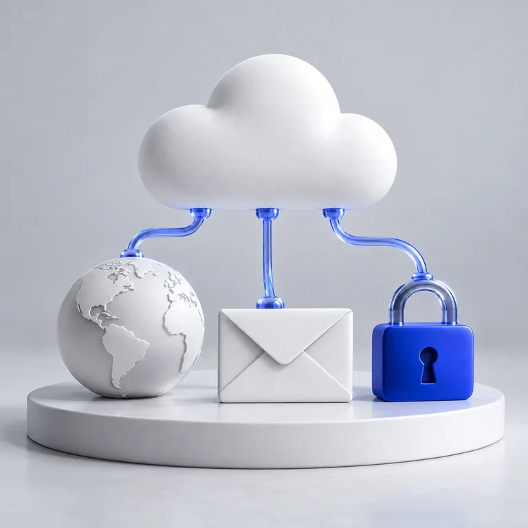 White hosting cloud connecting a globe, envelope, and blue security lock