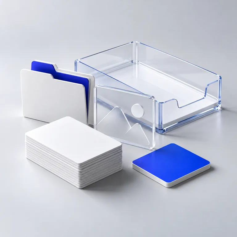 Organized project cards, image frame, folder, and brand-color tile beside a clear tray