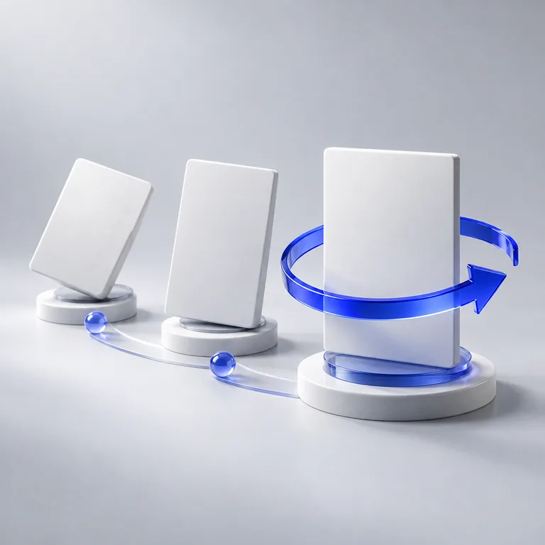 White design panels progressing toward a refined layout with a blue review arrow