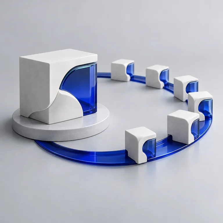 Single project block beside repeating modules on a blue circular service track
