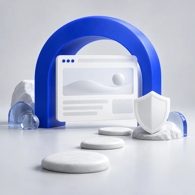 Abstract website protected by a blue arch and white support shield