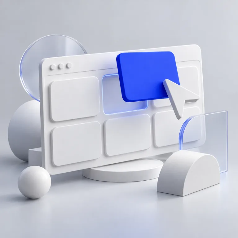 Editable white website cards with a lifted blue content tile and abstract cursor
