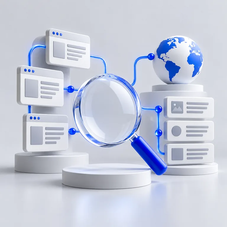 Magnifying glass connecting organized website content and a globe with blue paths