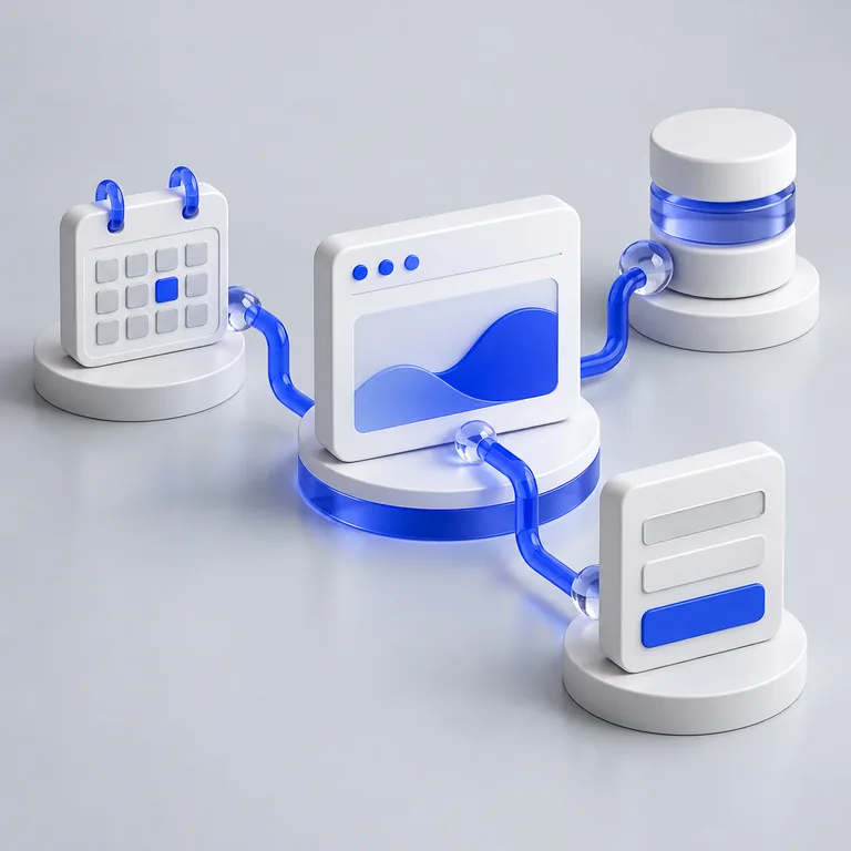 Abstract website connected to a calendar, form panel, and data-storage module