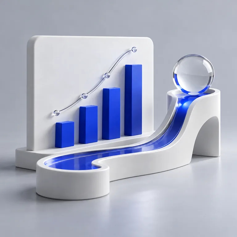 Abstract analytics panel with unlabeled blue bars and a clear sphere in an inquiry path