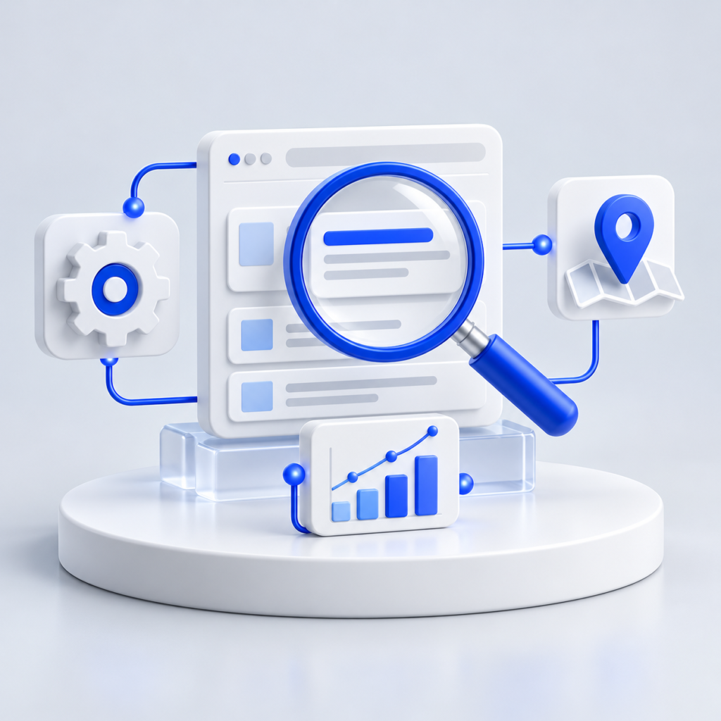 Magnifying glass examining a website connected to technical SEO, local search and reporting tools