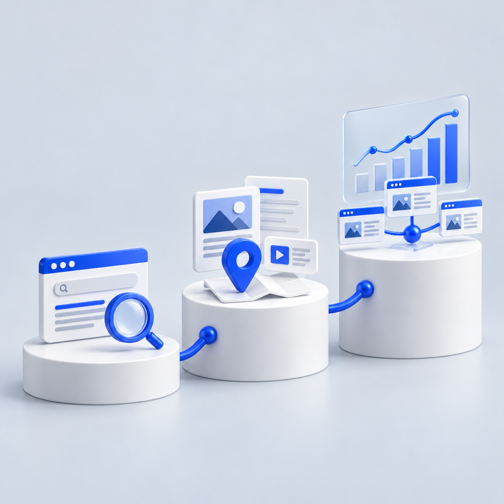 Three SEO service scopes shown with website, local search and reporting tools