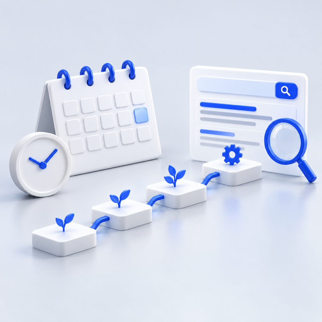 Calendar and clock beside connected SEO work stages leading to an improved website