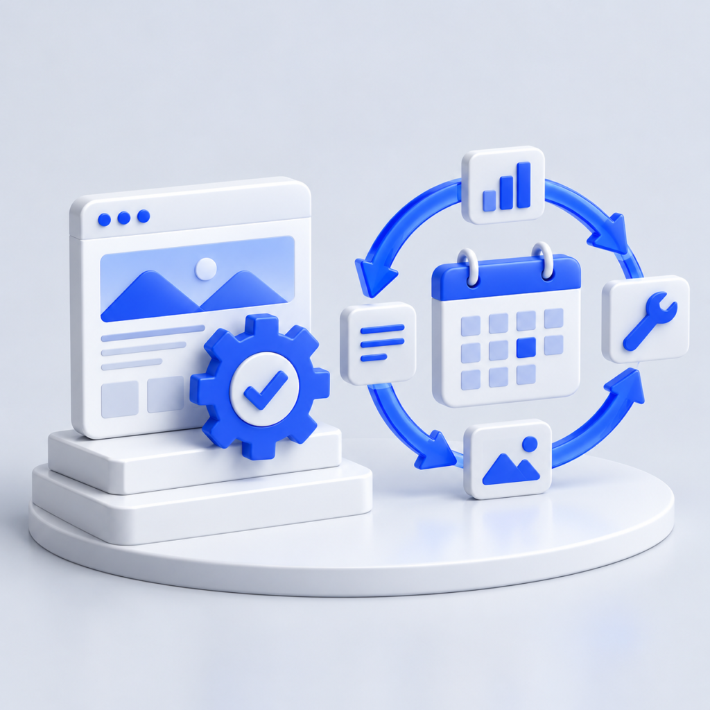 Website foundation beside a recurring calendar loop for content, maintenance and SEO review