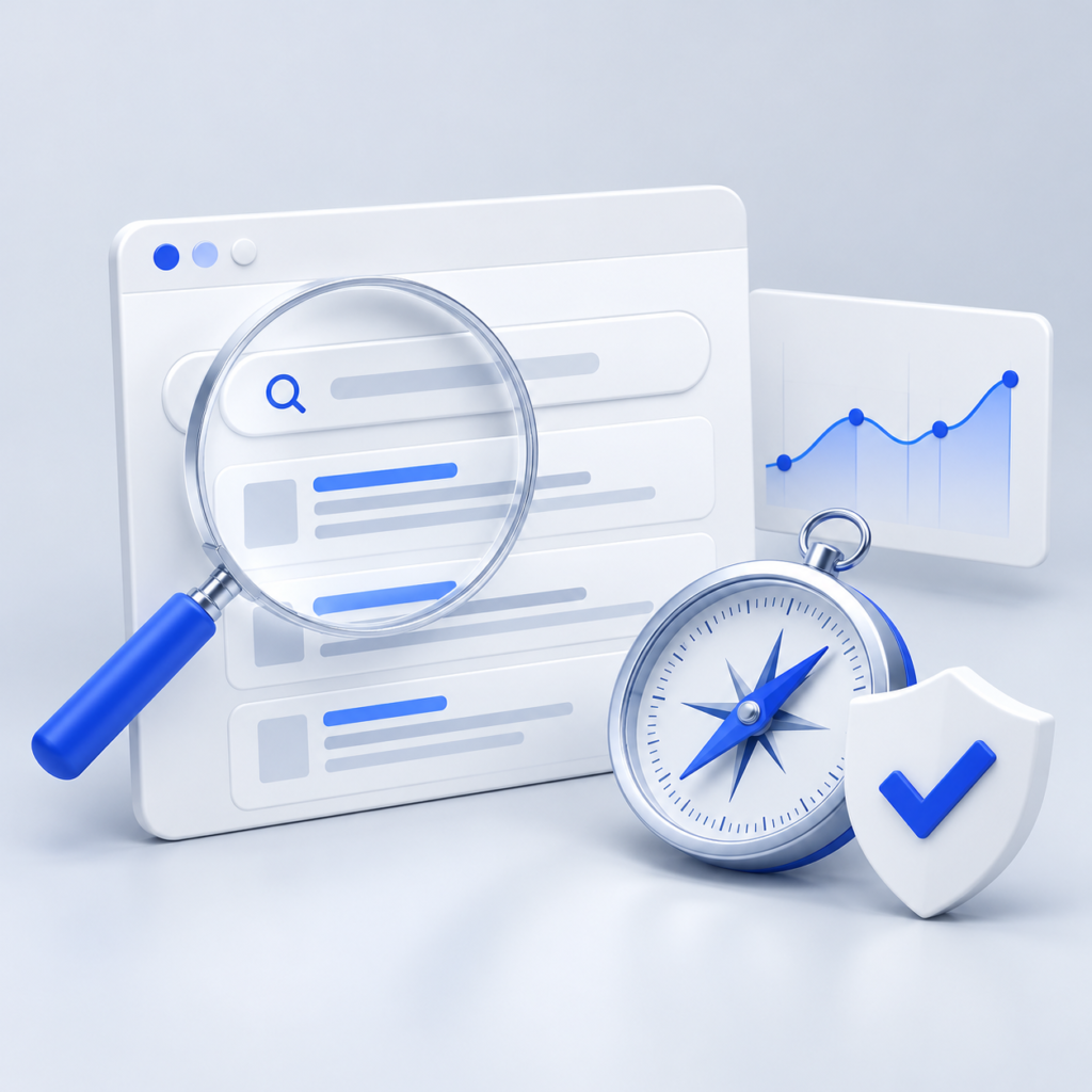 Search results examined with a magnifying glass beside a compass and performance chart