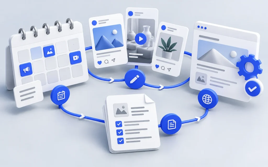 Growth Engine concept linking a content calendar, branded social posts, website updates, and a performance review dashboard
