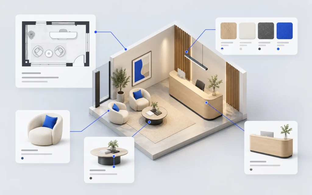 Interior design workflow concept with a floor plan, an isometric room model, material swatches, and custom furniture