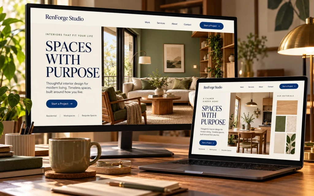 Original RenForge Studio interior and lifestyle website concept displayed on a desktop monitor and laptop