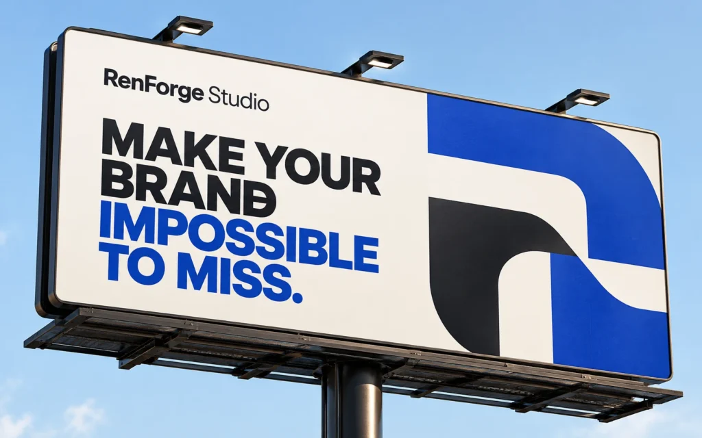 Original RenForge Studio billboard campaign concept with cobalt typography against a pale blue sky