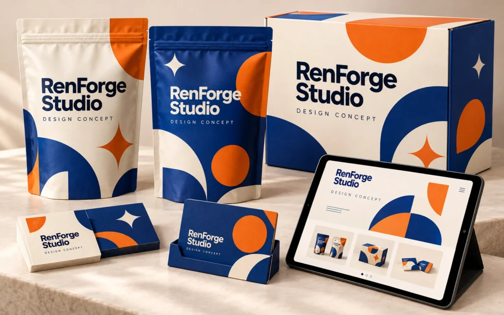 Original RenForge Studio packaging design concept with coordinated pouches, a box, cards, and a website mockup