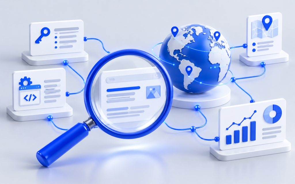 Magnifying glass connecting website content, technical SEO, local search and reporting around a globe