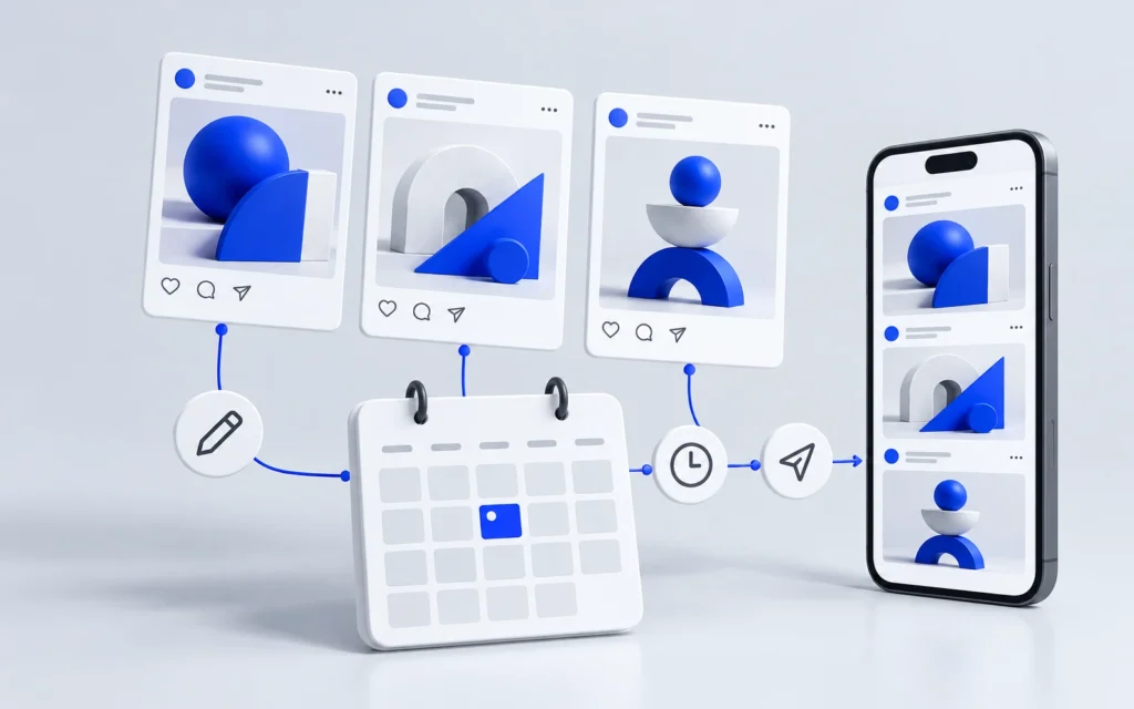 Social media workflow concept showing coordinated post cards, a content calendar, and a mobile publishing view