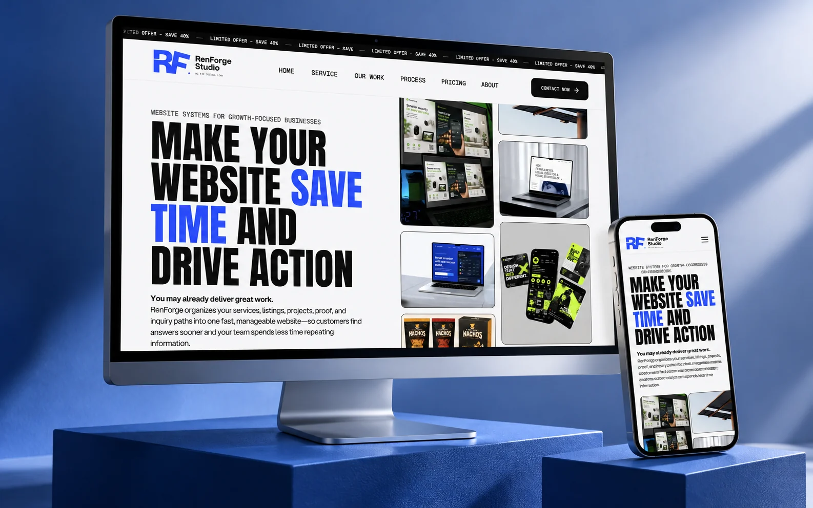 RenForge Studio website shown in a studio mockup with desktop and mobile devices