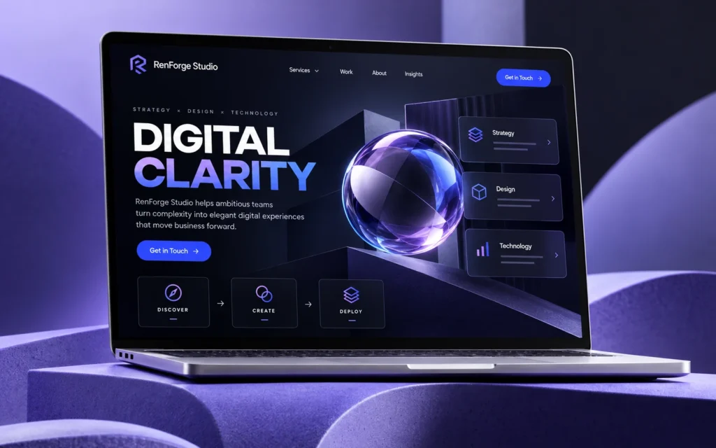Original RenForge Studio technology website concept shown on a laptop in a violet studio setting